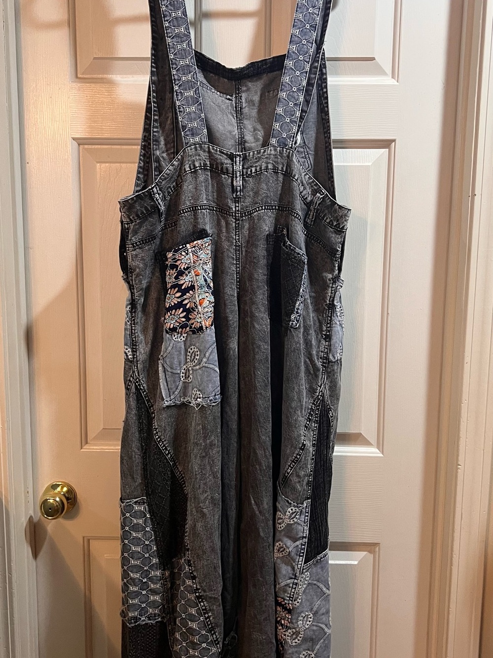 Oli &Hali NWOT Patchwork Gray Denim Overalls with Paisley Accents - Picture 5 of 5